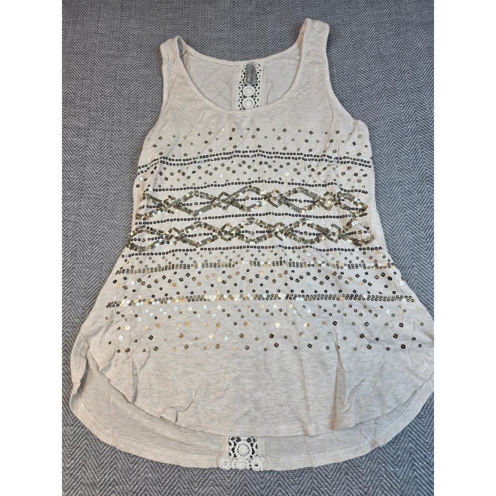 Vanity Womens Sequin Geometric Tank Top Oatmeal Crochet Lace Back Medium